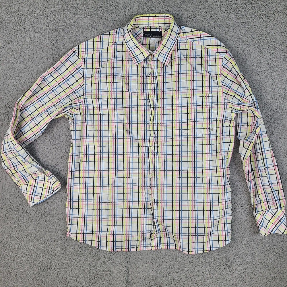 Rocawear Shirt Men's XL White Colorful Plaid Button Down Long Sleeve